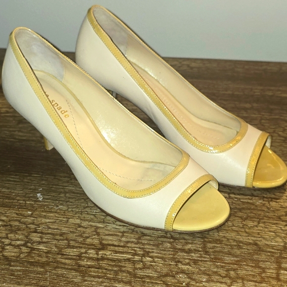 kate spade Shoes - Kate Spade Yellow and Cream Peep Toe Heels
